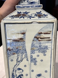 A Chinese blue, white and copper-red square-sectioned vase with figural design, Kangxi