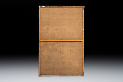 Two Japanese embroidered silk panels with hunting tigers and lions, Meiji, 19th C.