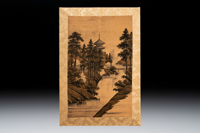 Two Japanese embroidered silk panels with landscape design, Meiji, 19th C.