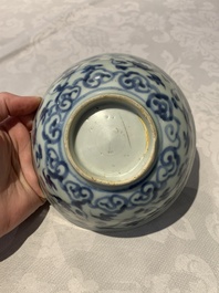 Four Chinese blue and white bowls, two cups and a plate, Ming
