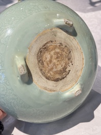 A Chinese celadon-glazed tripod censer with 'anhua' floral design, Kangxi