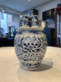 A rare Chinese blue and white crocus-shaped vase with birds among flowers, Kangxi mark, 19th C.