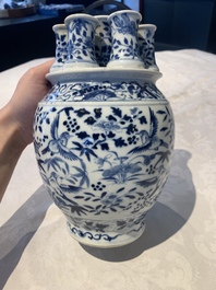 A rare Chinese blue and white crocus-shaped vase with birds among flowers, Kangxi mark, 19th C.