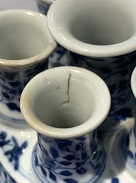 A rare Chinese blue and white crocus-shaped vase with birds among flowers, Kangxi mark, 19th C.