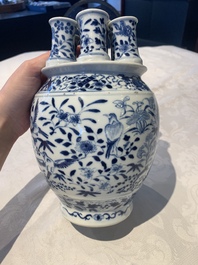 A rare Chinese blue and white crocus-shaped vase with birds among flowers, Kangxi mark, 19th C.