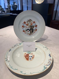 Two Chinese famille rose armorial dishes with the arms of Willes impaling Broster and the arms of Dobree impaling De Havilland, Yongzheng/Qianlong