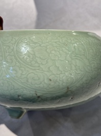 A Chinese celadon-glazed tripod censer with 'anhua' floral design, Kangxi