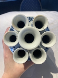 A rare Chinese blue and white crocus-shaped vase with birds among flowers, Kangxi mark, 19th C.