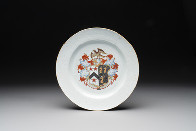 Two Chinese famille rose armorial dishes with the arms of Willes impaling Broster and the arms of Dobree impaling De Havilland, Yongzheng/Qianlong