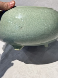 A Chinese celadon-glazed tripod censer with 'anhua' floral design, Kangxi
