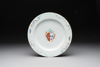 Two Chinese famille rose armorial dishes with the arms of Willes impaling Broster and the arms of Dobree impaling De Havilland, Yongzheng/Qianlong