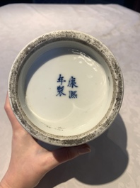 A rare Chinese blue and white crocus-shaped vase with birds among flowers, Kangxi mark, 19th C.