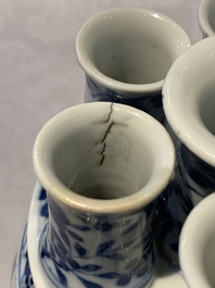 A rare Chinese blue and white crocus-shaped vase with birds among flowers, Kangxi mark, 19th C.