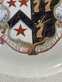 Two Chinese famille rose armorial dishes with the arms of Willes impaling Broster and the arms of Dobree impaling De Havilland, Yongzheng/Qianlong