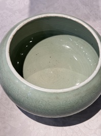 A Chinese celadon-glazed tripod censer with 'anhua' floral design, Kangxi