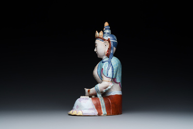 A Chinese famille rose sculpture of Buddha Amitayus on a stand, 19/20th C.