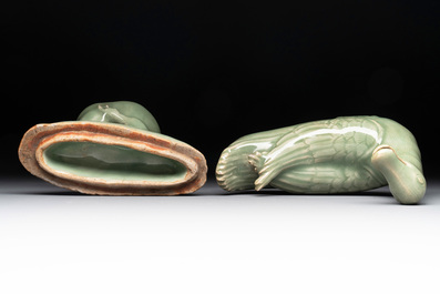 A Chinese Longquan celadon duck-form censer, Ming