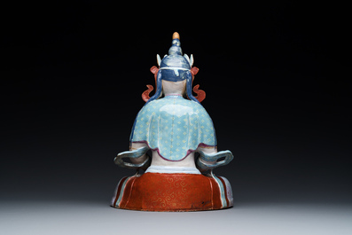 A Chinese famille rose sculpture of Buddha Amitayus on a stand, 19/20th C.