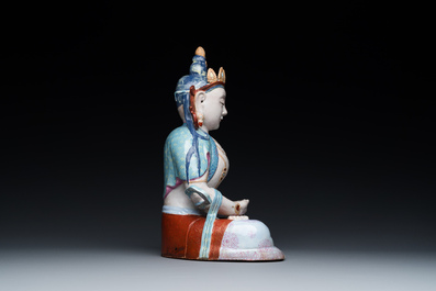 A Chinese famille rose sculpture of Buddha Amitayus on a stand, 19/20th C.