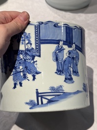 A large Chinese blue and white 'Li Jing Qu Qi 李靖娶妻' brush pot, 19th C.