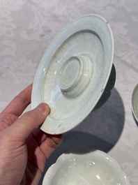 A pair of Chinese qingbai 'crane' plates and a tea bowl with stand, Song/Yuan