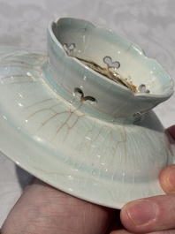 A pair of Chinese qingbai 'crane' plates and a tea bowl with stand, Song/Yuan