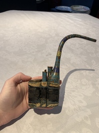 Three Chinese water pipes, two mouth pieces and a cloisonn&eacute; opium box and cover, 19th C.