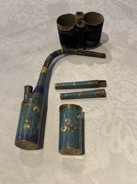 Three Chinese water pipes, two mouth pieces and a cloisonn&eacute; opium box and cover, 19th C.