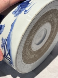 A large Chinese blue and white 'Li Jing Qu Qi 李靖娶妻' brush pot, 19th C.