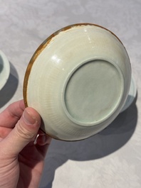 A pair of Chinese qingbai 'crane' plates and a tea bowl with stand, Song/Yuan