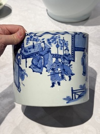 A large Chinese blue and white 'Li Jing Qu Qi 李靖娶妻' brush pot, 19th C.