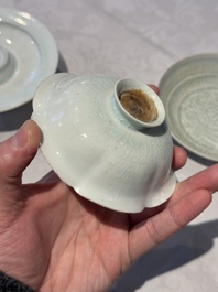 A pair of Chinese qingbai 'crane' plates and a tea bowl with stand, Song/Yuan