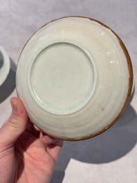 A pair of Chinese qingbai 'crane' plates and a tea bowl with stand, Song/Yuan
