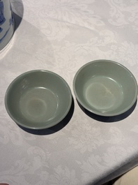 A pair of Chinese Longquan celadon saucers, Song/Yuan
