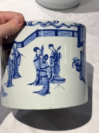 A large Chinese blue and white 'Li Jing Qu Qi 李靖娶妻' brush pot, 19th C.