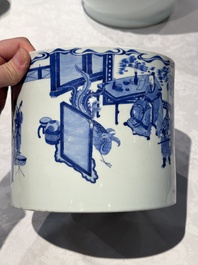 A large Chinese blue and white 'Li Jing Qu Qi 李靖娶妻' brush pot, 19th C.