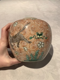 A Chinese wucai 'flying horse' jar, a green-enamelled yellow-ground 'dragon' vase and a Nanking crackle-glazed jar, 19th C.