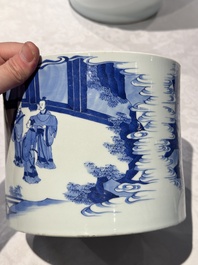 A large Chinese blue and white 'Li Jing Qu Qi 李靖娶妻' brush pot, 19th C.