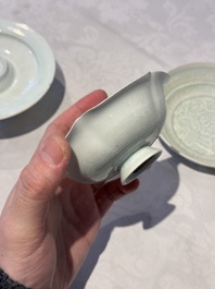 A pair of Chinese qingbai 'crane' plates and a tea bowl with stand, Song/Yuan