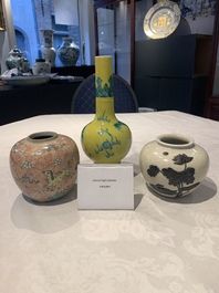 A Chinese wucai 'flying horse' jar, a green-enamelled yellow-ground 'dragon' vase and a Nanking crackle-glazed jar, 19th C.