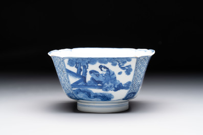 A Chinese blue and white square bowl with ladies in a garden, Kangxi mark and of the period