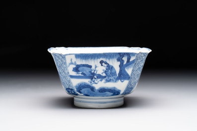 A Chinese blue and white square bowl with ladies in a garden, Kangxi mark and of the period