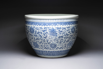 A massive Chinese blue and white 'Bajixiang' fish bowl, Qianlong