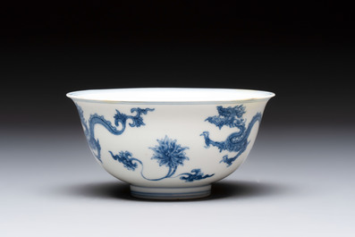 A Chinese blue and white 'dragon' bowl, Chenghua mark, Kangxi/Yongzheng