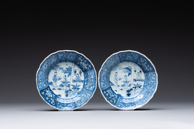 Five Chinese blue and white 'Xi Xiang Ji' plates, Qianlong
