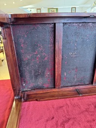A Chinese famille rose turquoise-ground 'flower scrolls and bats' plaque, later mounted as table, Qianlong