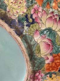 A large Chinese famille rose 'millefleurs' 'tianqiuping' vase, Qianlong mark, 20th C.