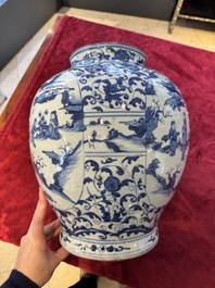 A large Chinese blue and white baluster vase with figures and landscapes, Transitional period