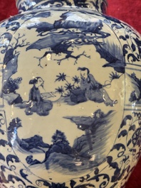 A large Chinese blue and white baluster vase with figures and landscapes, Transitional period