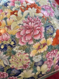 A large Chinese famille rose 'millefleurs' 'tianqiuping' vase, Qianlong mark, 20th C.